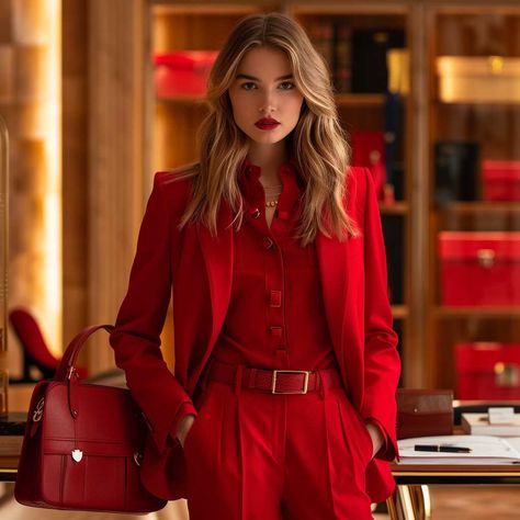 20+ Red Outfit Ideas to Brighten Up Your Office Wardrobe • 333+ Art Images Women’s Red Suit, Monochromatic Red Outfit, Red Suit Outfit Women, Red Office Outfit, Red Trousers Outfit Classy, Red Outfit Women, Red Suit Women, Red Blazer Outfit Casual, Maroon Blazer Outfit