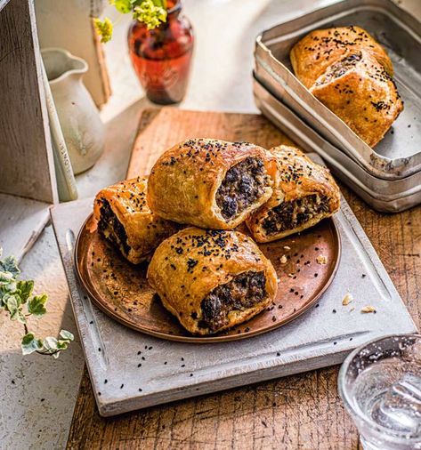 Black pudding sausage rolls recipe | Sainsbury`s Magazine Black Pudding Sausage Rolls, Savoury Rolls, Victorian Breakfast, Yorkshire Pudding Wrap, Savoury Pastries, Savoury Pastry, Holiday Apps, Autumn Foods, Magazine Recipe