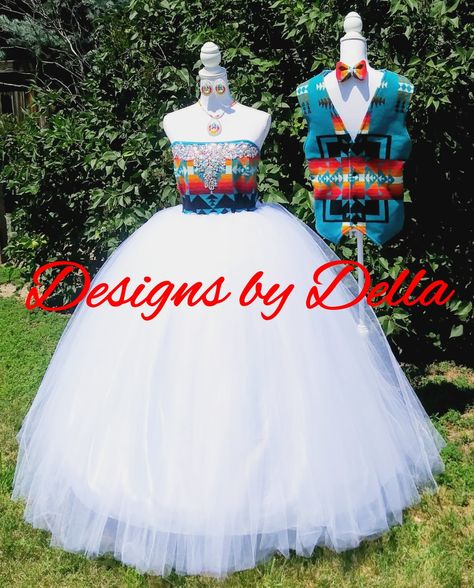 Pendleton wedding attire. Made by Designs by Della. Pendleton Wedding, Native American Wedding Dress, Navajo Dress, Native American Inspired Fashion, American Wedding Dress, Navajo Wedding, Pendleton Dress, Native American Wedding, Native American Dress