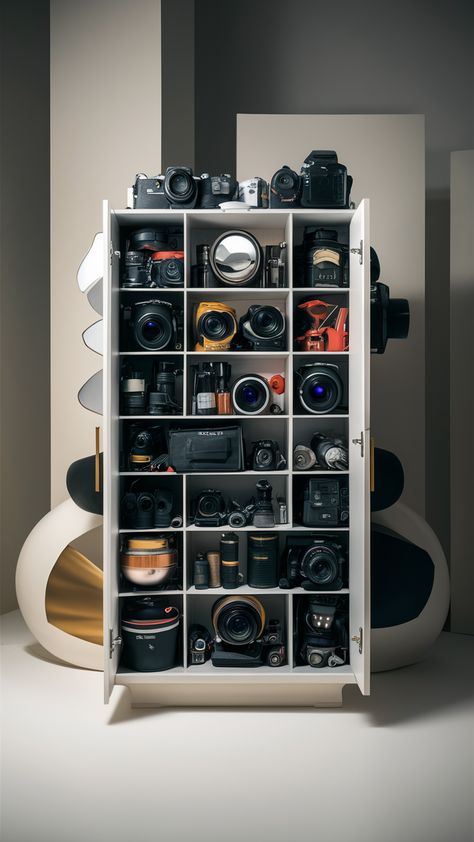 📷 Maximize efficiency with a compact photography gear cabinet designed for optimal organization. This solution offers streamlined camera gear storage and excellent camera equipment storage in a space-saving format. #PhotographyGearCabinet #CameraGearStorage #CameraEquipmentStorage Storage Ideas For Camera Equipment, Camera Lens Storage, Photography Gear Storage Cabinet, Camera Gear Storage Cabinet, Organize Camera Equipment, Photography Prop Storage, Camera Equipment Organization, Camera Gear Organization, Camera Equipment Storage