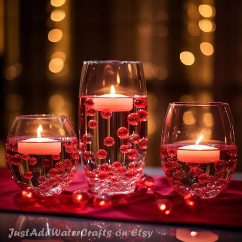 🌺 Impress your guests with the latest trend - floating red glass beads and floating candles, adding a touch of romance and effortless elegance.  Make your loved ones feel special with these exquisite vase fillers. Share the festive atmosphere with your children, family, and friends. 💎Our set includes 110 red glass beads and 3 floating candles. Also simple instruction how to make beads to float in the vase. 💎 Please note that vases are not included. 🌺 Please be advised the beads are not floating by itself. You will receive an instruction how to make floating effect in the vase. Thank you. Red Candles Decoration, Wedding Centerpieces Vase, Sunflower And Red Roses Centerpieces, Center Piece For Dining Table Valentines, Red White And Gold Centerpieces, Floating Tea Light Centerpiece, Water Candles Floating, Valentines Gala, Diy Centerpieces For Party