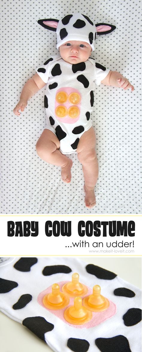 A simple DIY Baby Cow Costume...with an UDDER!! --- Make It and Love It Baby Cow Costume, Diy Cow Costume, Baby Lamb Costume, Diy Fantasia, Lamb Costume, Cow Appreciation Day, Cow Costume, Baby Kostüm, Baby Lamb