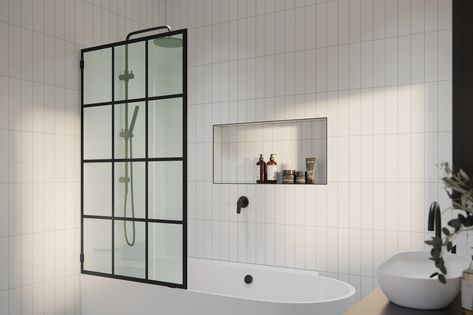 Make a striking statement in your bathroom with the eye-catching design of the Esprit, our fixed bathtub shower panel. High-quality glass enhances the light in your space, while the industrial aesthetic introduces a contemporary feel. Each 3/8-in tempered frameless glass panel comes in a standard 60-in height and is treated with EnduroShield coating, which aids in repelling water and soap residue. In addition, our superior quality solid brass hardware is available in a variety of color finishes Bathtub With Half Glass Wall, Glass Shower With Tub, Fixed Bathtub, Bathtub With Glass Door, Tiny Wet Room, Cleaning Shower Glass, Bathroom Vibes, Black Bathtub, Bathtub Shower Doors