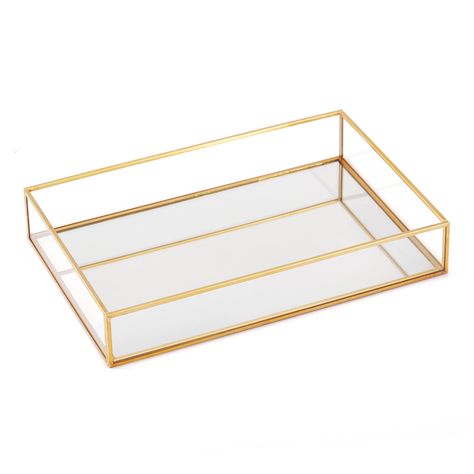 PRICES MAY VARY. Dimensions: 11.8"x7.9"x2", weight: 30oz. The height of the mirrored tray is 2”, perfect size in drawer, saving more space. Clear glass tray features mirror bottom and gold finish design metal frame, without lid so it makes storage and display easy and simple. Ornate mirrored tray perfect to storage your daily essentials, can also be used as jewelry organizer, perfume trays, vanity trays, dresser tray, decorative tray, bathroom vanity tray, makeup tray organizer. This is a gorgeo Perfume Tray Aesthetic Bedroom, Perfume Display Tray, Cute Desk Items, Pink Penthouse, Spanish Bedroom, College Wishlist, Perfume Trays, Gold Mirror Tray, Future Bathroom