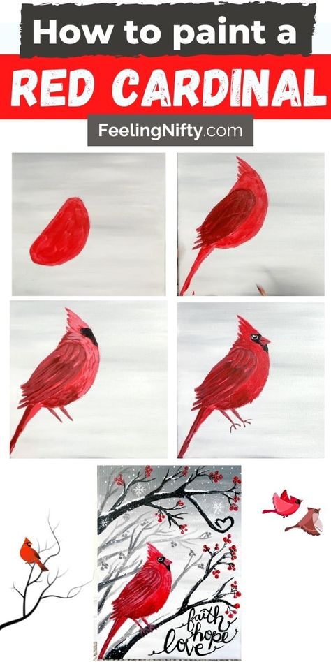 Cardinal Painting, Bird Painting Acrylic, Red Cardinal Bird, Christmas Paintings On Canvas, Bird Canvas, Cardinal Bird, Learn How To Paint, Painting Art Lesson, Christmas Canvas