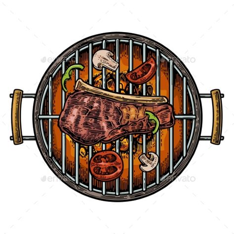 Barbecue Grill Top View with Charcoal Bbq Grill Logo, Meat Drawing, Grilling Art, Mushroom Tomato, Eid Crafts, Skewers Grill, Paper Food, Chili Cook Off, Engraving Illustration