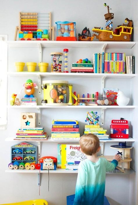 Sam & Lars' Happy Hand-Me-Down Room Kids Room Shelves, Girls Playroom, Toy Shelves, Room Shelves, Toy Rooms, Kids Room Design, Book Shelf, Kids Playroom, Kid Spaces