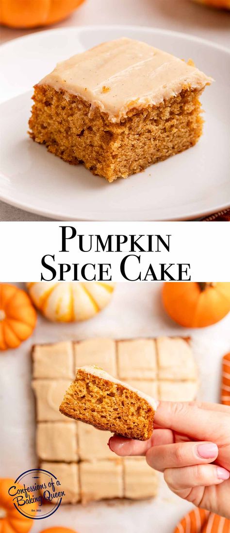 This pumpkin spice cake recipe is simple to make but absolutely delicious! It is the perfect fall dessert. Step by step photos teach you how to bake it. Pumpkin Spiced Cakes, Spiced Pumpkin Cake, Parkin Cake Recipe, Pumpkin Spice Cake Recipe, Spice Cake Recipe, Different Kinds Of Cakes, Baking Contest, Spice Cake Recipes, Pumpkin Cake Recipes