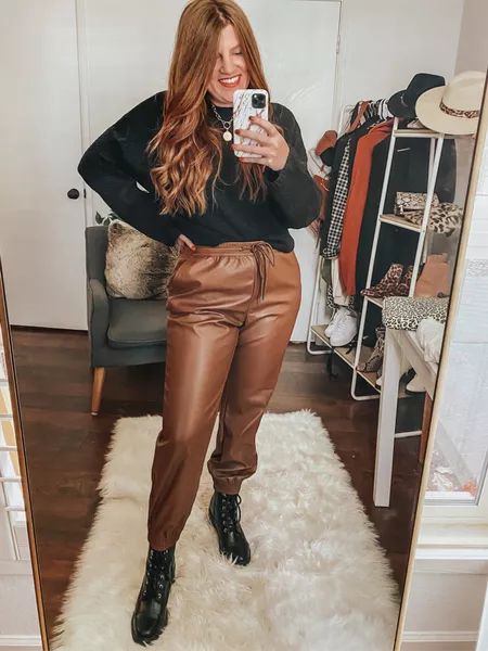 GALWAY BLACK LEATHER curated on LTK Faux Leather Joggers Outfit Winter, Styling Leather Jogger Pants, Brown Faux Leather Joggers Outfit, Brown Faux Leather Pants Outfit Casual, Brown Leather Joggers Outfit, Faux Leather Pants Outfit Casual, Satin Joggers Outfit, Leather Jeans Outfit, Outfits From Target