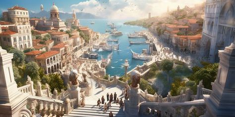 Ancient Egyptian Cities, Gardens Of Babylon, Rpg Map, Fantasy City, Fantasy Castle, Fantasy Setting, Fantasy Places, Futuristic City, Landscape Scenery