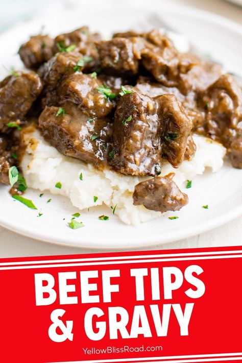 Beef Tips and Gravy is classic comfort food, with chunks of tender beef in a rich brown gravy. Serve over mashed potatoes, rice or noodles. Beef Tips And Gravy Recipe, Beef Tip Recipes, Over Mashed Potatoes, Beef Tips And Gravy, Honey Roasted Carrots, Tenderloin Roast, Buttered Noodles, Beef Sirloin, Garlic Mashed Potatoes