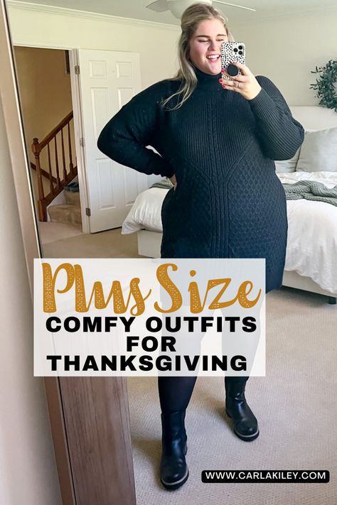 Blonde woman wearing a black plus size sweater dress and black tights in her bedroom Plus Thanksgiving Outfit Women, Cute Thanksgiving Outfits Plus Size, Thanksgiving Plus Size Outfit, Thanksgiving Outfit 2023 Plus Size, Plus Thanksgiving Outfit, Curvy Thanksgiving Outfit, Comfy Cute Thanksgiving Outfit, Casual Thanksgiving Outfits Plus Size, Plus Size Thanksgiving Outfit Ideas 2023