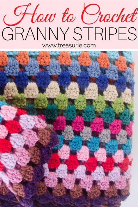 Granny Square Straight Line, Granny Square Crochet Stitch, Crochet Granny Stripe Blanket Pattern, Striped Granny Blanket, How To Change Colors In Crochet Granny Squares, Stripe Knit Blanket, Granny Square Rows Patterns, Straight Granny Stitch Crochet, Granny Square Stripe Blanket Pattern