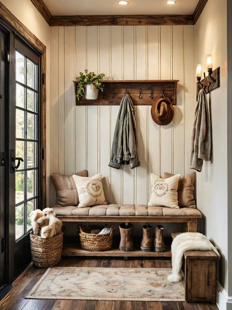 Host Memorable Gatherings: Prepare Your Outdoor Space with Ambient Lighting and Comfortable Seating Arrangements | Homedes.co Vstupná Hala, Mudroom Decor, Hal Decor, Mudroom Design, Casa Container, Home Entrance Decor, House Entrance, Boho Bedroom, Cabin Decor