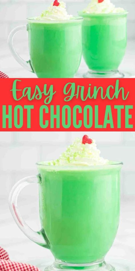 Grinch Dessert Ideas, Grinch Hot Chocolate, Holiday Themed Desserts, Grinch Drink, Hot Chocolate Toppings, Hot Chocolate With Marshmallows, Chocolate With Marshmallows, Grinch Movie, Holiday Hot Chocolate