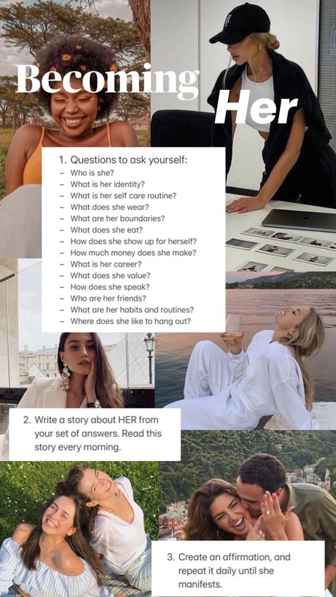 A collage of that IT girl with steps to become her June Vision Board, Dream Self, Healthy Affirmations, Life Goals Future, Practicing Self Love, Effective Study Tips, Girl Boss Motivation, Self Healing Quotes, Creating A Vision Board