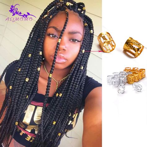 Box Braids With Gold Accessories, Braids With Gold Accessories, Braids With Gold Cuffs, Colorful Dreadlocks, Black Hair Jewelry, Silver Hair Braids, Hair Clips For Braids, Braid Rings, Hair Jewelry For Braids