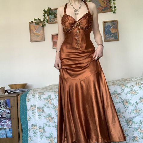 •unreal orange embellished & beaded floral 90s... - Depop Orange Fairy Dress, Hippie Prom Dress, 70s Prom Dress, Prom Dress Vintage, Satin Long Prom Dress, 90s Prom Dress, Prom Dresses Vintage, Prom Dress Inspiration, Formal Party Dress