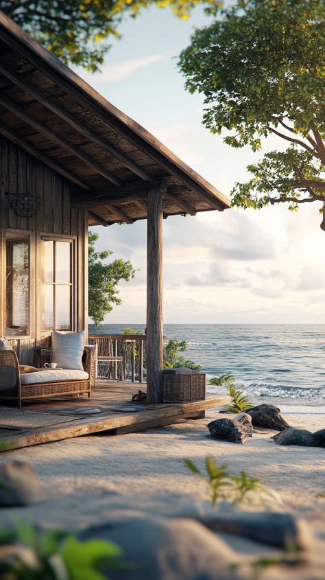 A cozy beachfront cabin with a deck by the ocean Seaside Cottage Aesthetic, Ocean Cottage, Coastal Cabin, Cottage Aesthetic, Beach Cabin, Seaside Cottage, By The Ocean, Coastal Living, Safe Place