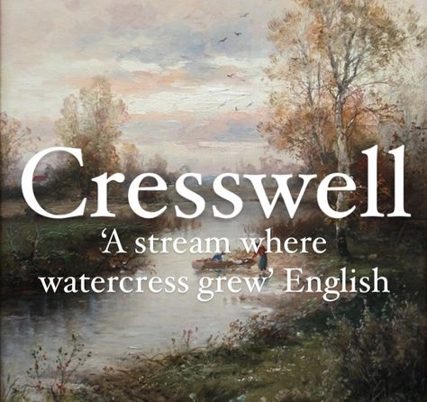 Baby boy name Cresswell. Aesthetic Surnames With Meaning, English Surnames For Characters, Old English Surnames, Magical Surnames, Fantasy Surnames With Meaning, Cute Surnames, Pretty Surnames, Victorian Surnames, Surnames And Meanings