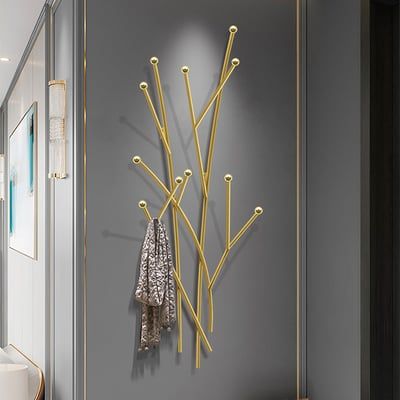 Modern 11-Hook Wall Mounted Coat Rack in Gold with Tree Branch Shape-Homary Luxury Entrance, Vstupná Hala, Hat Racks, Bathroom Wall Hanging, Modern Coat Rack, Coat Tree, Creative Bathroom, Hanger Wall, Nordic Lights