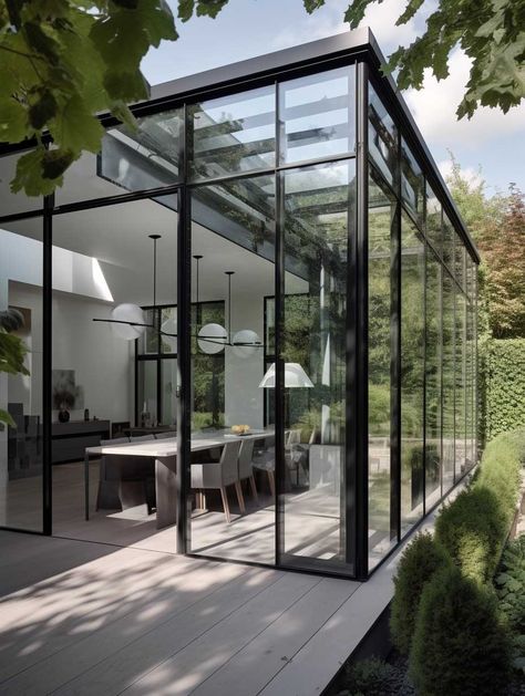 8+ Spectacular Exterior Glass Wall Concepts for Light-Filled Homes • 333+ Images • [ArtFacade] Glass Exterior House, Glass Wall Outdoor, Exterior Glass Wall, Glass Sunroom, Glass Wall Design, Modern Glass House, Garden Conservatory, Glass House Design, Glass Patio