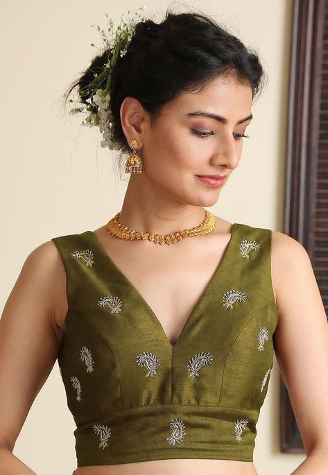 Olive Green Blouse For Saree, Olive Green Blouse Designs, Green Saree Blouse Designs, Grey Saree Blouse Combination, Green Color Blouse Designs, Saree Jacket Designs Latest, Onam 2023, Olive Green Saree, Green Blouse Designs