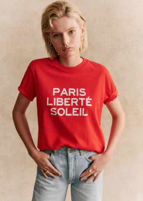 Paris Liberté Soleil T-Shirt - Red/Ecru - Organic cotton - organic textile - Sézane Denim Sweatshirt, Denim Suit, Paris T Shirt, Red Shorts, T Shirt Top, Casual Tops, Cotton Tshirt, Top Shirt, Organic Cotton