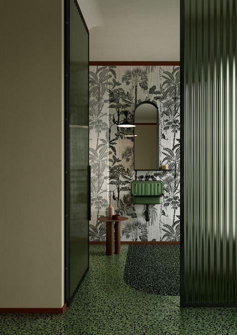 Toilet Design Modern, Wallpaper Door, Trade Show Design, Restroom Design, Chalet Design, Wallpaper For Wall, Art Deco Bathroom, Washroom Design, Green Flooring