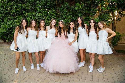 Quinceanera Court Pictures Pink, Quince Court Dresses, Pink Quince Court, Quince Extras, Quince Photoshoot Ideas With Court, Quinceanera Court Outfits, Quince Court Pictures, Backyard Quince, Quinceanera Court Pictures