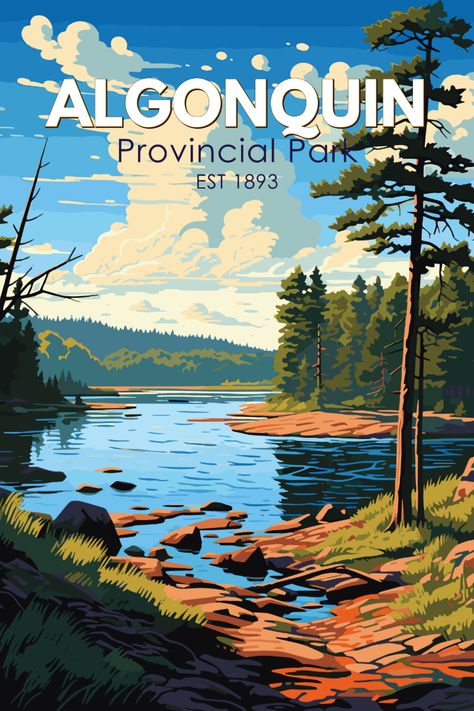 Vintage Algonquin Provincial Park poster with natural wilderness theme. Algonquin Provincial Park, National Parks America, Park River, Vintage Postcards Travel, Algonquin Park, Two Rivers, Travel Postcard, National Park Posters, Park Art