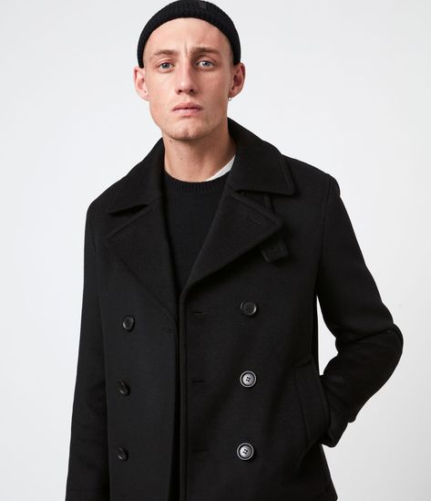 ALLSAINTS US: Mens Juncal Melton Wool Blend Peacoat (black) Allsaints Casual Black Outerwear, Classic Allsaints Winter Outerwear, Allsaints Luxury Classic Outerwear, Allsaints Luxury Black Outerwear, Allsaints Fitted Men's Outerwear, Hooded Faux, Jackets Summer, Parka Coat, Leather Cleaning