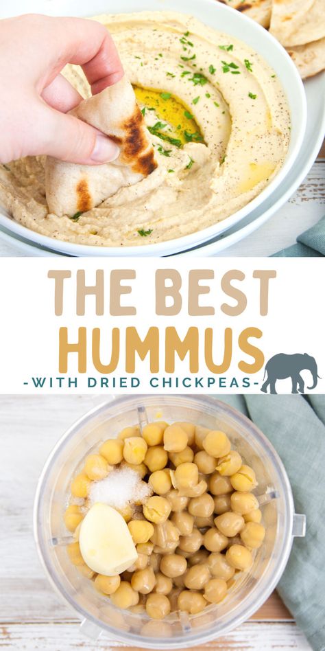 This is the best Hummus made with dried chickpeas! It's super creamy and fluffy. Serve it with crackers, flatbread, or on bread! | ElephantasticVegan.com #hummus #vegan #chickpeas How To Make Hummus From Dried Chickpeas, Hummus With Dried Chickpeas, Hummus From Dry Chickpeas, Hummus Recipe With Dried Chickpeas, Hummus Recipe Dried Chickpeas, Chickpea Dip Recipes, Hummus Dried Chickpeas, Middle Eastern Hummus Recipe, Dried Chickpea Recipes