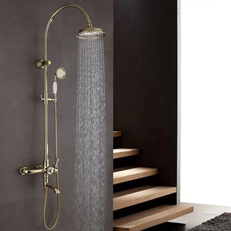 Modern Shower Faucet Simple Style Ti-PVD Bathroom Shower Faucet Hot and Cold Switch Three Holes Single Handle Gold Shower Fixtures, Brass Shower Head, Gold Shower, Shower Fixtures, Shower Holder, Luxury Shower, Rainfall Shower Head, Gold Bathroom, Bath Faucet