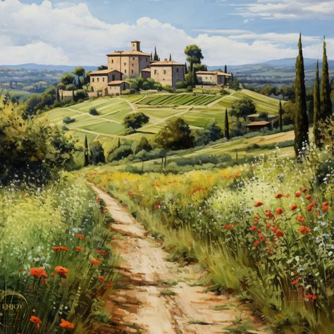 Italy Landscape Painting, Italy Wall Art, Italy Landscape, Italian Village, Umbria Italy, Cypress Trees, 수채화 그림, Painting Wall Art, Tuscany Italy