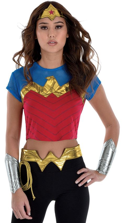 PRICES MAY VARY. Transform into Wonder Woman: Party City's DC Comics Wonder Woman Costume Accessory Kit makes it easy to become your favorite superhero. This six-piece set includes a crop top, metallic gold "W" belt with a lasso loop, silver gauntlets, and Diana's iconic gold tiara. Size L/XL. Detailed Design: The short-sleeve crop top features bold colors and mesh shoulders, adding a touch of authenticity. The belt, lasso, gauntlets, and headband complete your transformation, giving you a power