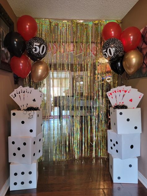 Decor for Vegas casino party Vegas Themed 40th Birthday Party, Vegas Theme New Years Party, Vegas Birthday Dinner, Vegas Birthday Decorations, Casino Birthday Party Ideas For Men, Casino Theme Party Decorations Diy Ideas, 76th Birthday Party Ideas, Corporate Casino Party, Vegas Nights Party Theme