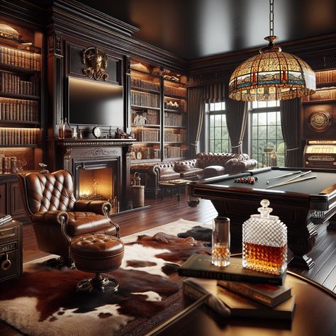 Step into the luxurious retreat of a posh gentleman, filled with antique books, premium whisky, gleaming brass touches, and a grand pool table. Lush, worn leather chairs face an antiquated fireplace, while vintage sports memorabilia adorns the walls. 
#LuxurySpaces #MensRetreat #ClassicElegance #PremiumLifestyle #AntiqueCharm #PoshInteriors Gentleman Lounge Interior Design, Vintage Gentleman Room, Antique Interior Design Vintage Modern, Luxury Billiard Room, Gentleman Room, Gentlemans Office, Premium Whisky, Whisky Room, Luxury Home Library