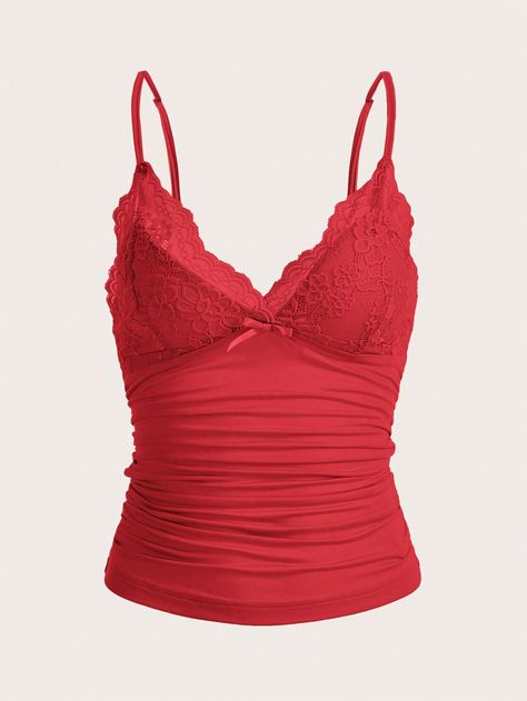 Contrast Lace Ruched Y2k Cami Top Red Casual   Knitted Fabric Plain Cami Slight Stretch  Women Clothing, size features are:Bust: ,Length: ,Sleeve Length: Y2k Cami Top, Y2k Cami, Red Y2k, Red Cami, Y2k Top, Shein Icon, Womens Camisoles, Women Tank Tops, Womens Cami