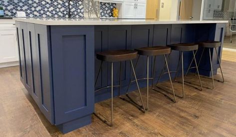 What Cabinets Do You Use for an Island? - RTA Cabinet Blog Kitchen Dimensions Layout, Blue Shaker Kitchen Cabinets, Blue Shaker Cabinets, Blue Shaker Kitchen, Frameless Kitchen Cabinets, Rta Kitchen Cabinets, Imperial Blue, Shaker Kitchen Cabinets, Rta Cabinets