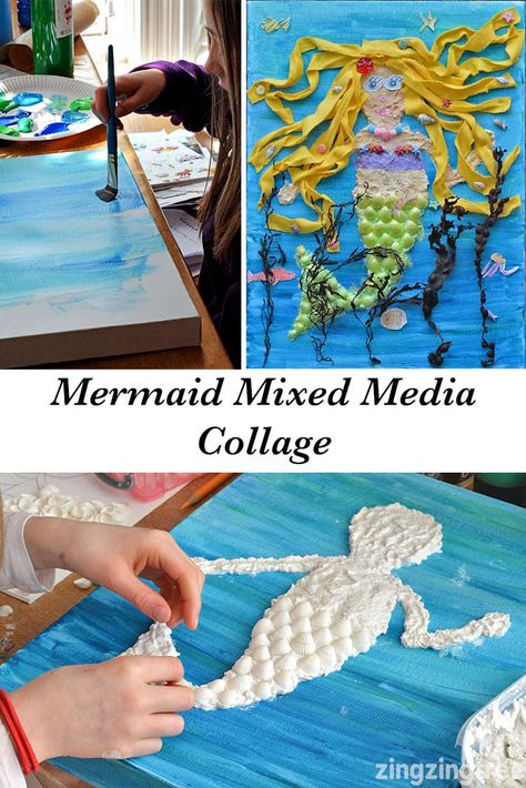 Mermaid Mixed Media Collage- Transform a plain canvas into this amazing textured piece of kids art using a mixtures of paint, textiles, paper mache and treasure found at the beach Mermaid Crafts For Kids, Mermaid Collage, Coloring Pages For Grown Ups, Paper Collages, Mixed Media Art Projects, Mermaid Kids, Mermaid Crafts, Kids Art Class, Encaustic Painting