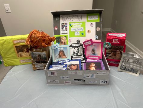 Taylor Swift Theme Birthday Gift, Taylor Swift Basket Ideas, Taylor Swift Gift Box Idea, Taylor Swift Box Gift, Taylor Swift Gift Basket Ideas, Taylor Swift Basket, Taylor Swift Themed Presents, Birthday Gifts For Swifties, Taylor Swift Themed Gift Basket