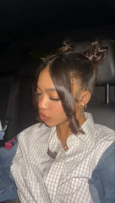 Two Space Buns With Weave, Too Messy Bun, Buns With Bangs For Black Women, Space Buns With Bangs Black Women, Two Buns Hairstyles For Black Women, 2 Space Buns With Bangs, Two Curls In Front With Bun, Space Buns With Side Part, Space Buns And Bangs