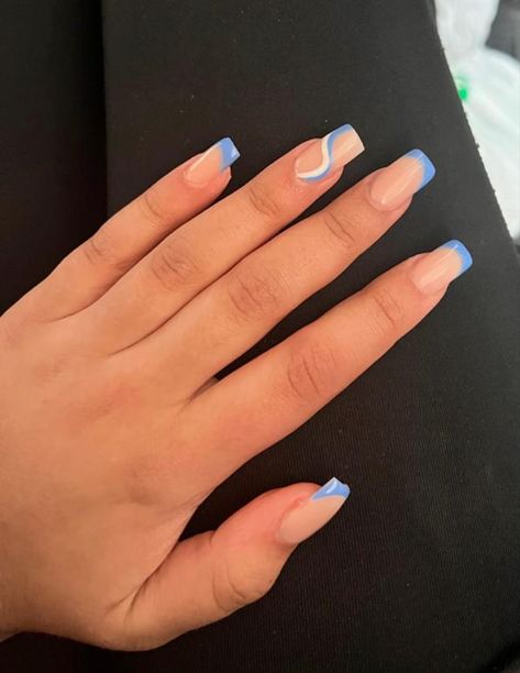 French Tip Acrylic Nails Swirl, Majorca Holiday Nails, Nails For Going On Holiday, Acrylic Nails For Greece, Blue Nail Inspo Acrylic Square, Blue Swirl French Tip Nails, White French Tip With Accent Nail, Babyblue Nails Design, White And Blue Nail Ideas