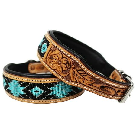 Challenger genuine handmade full grain leather heavy-duty dog collar comes fully padded for comfort. Collar is accented with a beaded beaded pattern inlay. Leather features a floral tooled finish. Rust-free stainless steel hardware.Sizing:X-Small: 9" - 13" L x 1" WSmall: 13'' - 17'' L x 1" WMedium: 17 - 21'' L x 1 1/2" WLarge: 21'' - 25'' L x 1 1/2" W Size: XSmall 9''- 13''.  Color: Beige. Western Dog Collars, Bling Dog Collars, Beaded Dog Collar, Leather Dog Collar, Puppy Collars, Beaded Collar, Rhinestone Bow, Dog Collars & Leashes, Hand Tooled Leather