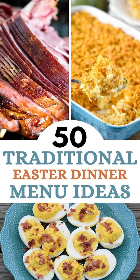 traditional Easter dinner menu ideas, including spiral cut ham, hash brown casserole, and bacon Ranch deviled eggs Easter Ham Dinner, Easter Dinner Menu Ideas, Slow Cooker Pineapple Ham, Traditional Easter Dinner, Easter Breakfast Recipes, Balsamic Carrots Roasted, Easy Easter Dinner, Easter Dinner Ideas, Easter Sides