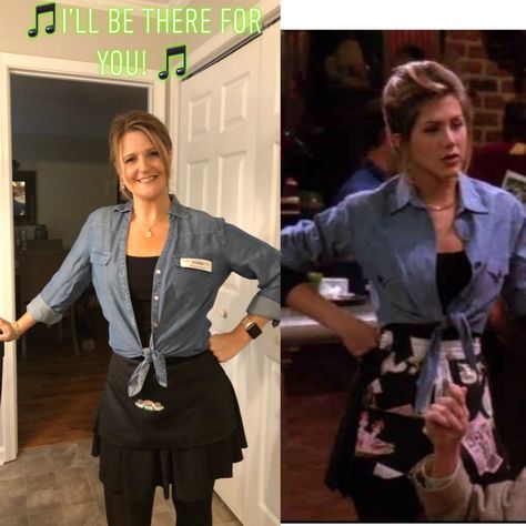 Rachel Central Perk Outfit, Rachel Green Costumes Central Perk, 90s Waitress Outfit, Rachel Halloween Costume Friends, Rachel Green Outfits Central Perk, Rachel Green Coffee Shop Outfit, Rachel Green Outfits Waitress, Rachel Green Central Perk Outfit, Rachel Waitress Outfit