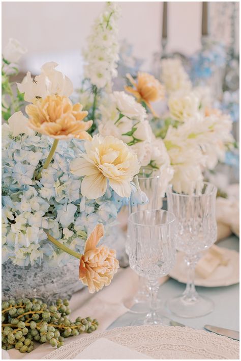 French Destination Wedding - jeanettemerstrand.com French Provincial Wedding Decor, Blue And Yellow Flower Arrangements Wedding Ideas, Sunshine Wedding Theme, Lemon Theme Wedding Decor, Blue Yellow Wedding Decor, Light Blue And Pale Yellow Wedding, Spring Wedding Colors Schemes Blue, 2025 Wedding Color Trends, Baby Blue And Yellow Wedding