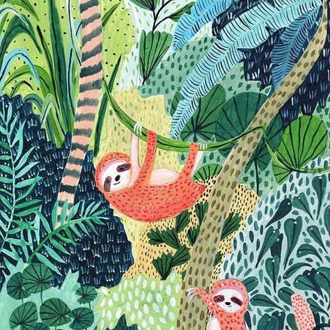 Gouache Design, Sloth Painting, Sloth Family, Kids Murals, Rainforest Art, Painting Jungle, Nursery Forest, Family Art Print, Office Mural