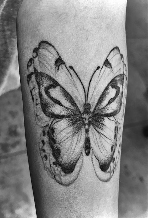 Melting Butterfly Tattoo, Fluttering Butterfly Tattoo, Black And Grey Butterfly Tattoo, Melting Butterfly, Butterfly Tattoo Black, Trippy Butterfly, Shading Tattoo, Trippy Tattoo, Fluttering Butterfly